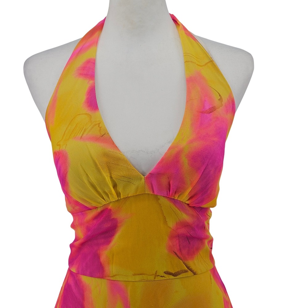 Cache Vintage Y2K Silk Midi Dress 6 Halter Empire Yellow & Pink Corset Back - Picture 3 of 15